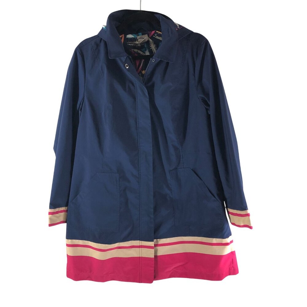 Chico's Hooded Pleated Rain Jacket Sailboat Lining Navy Blue Pink Size 2 US 12/1